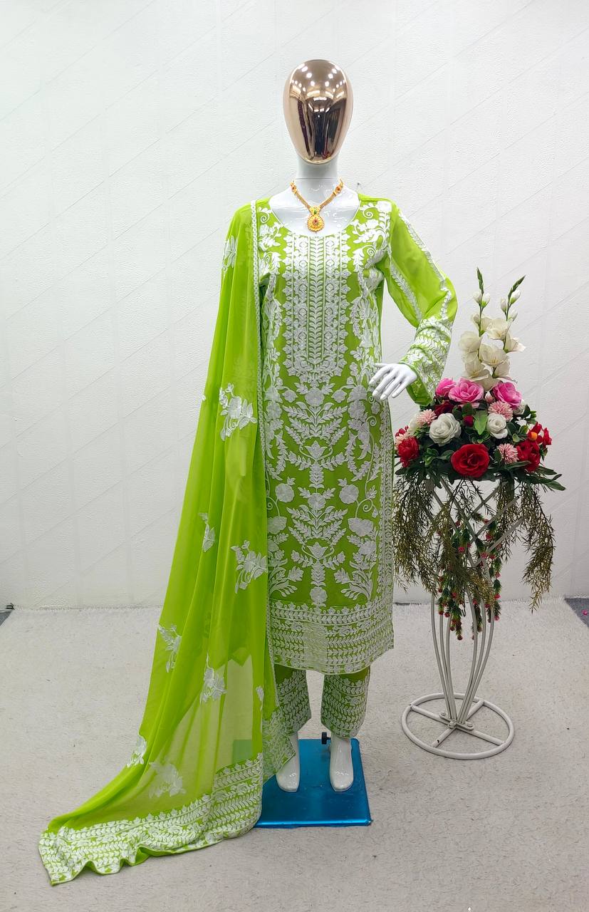 Beautiful Shine Embroidery Work Green Color Salwar Suit