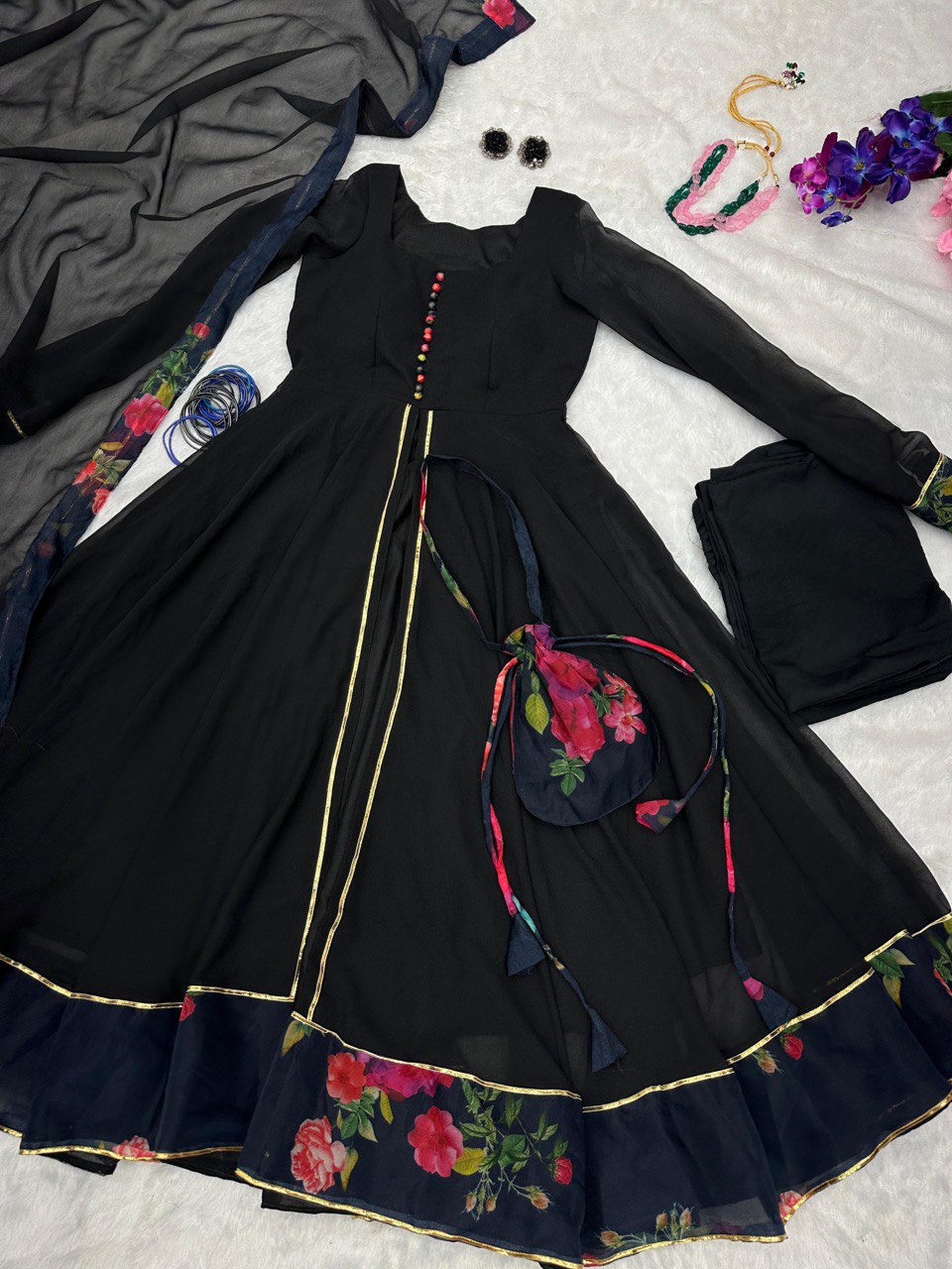 Middle Slit Black Color Stylish Anarkali Suit