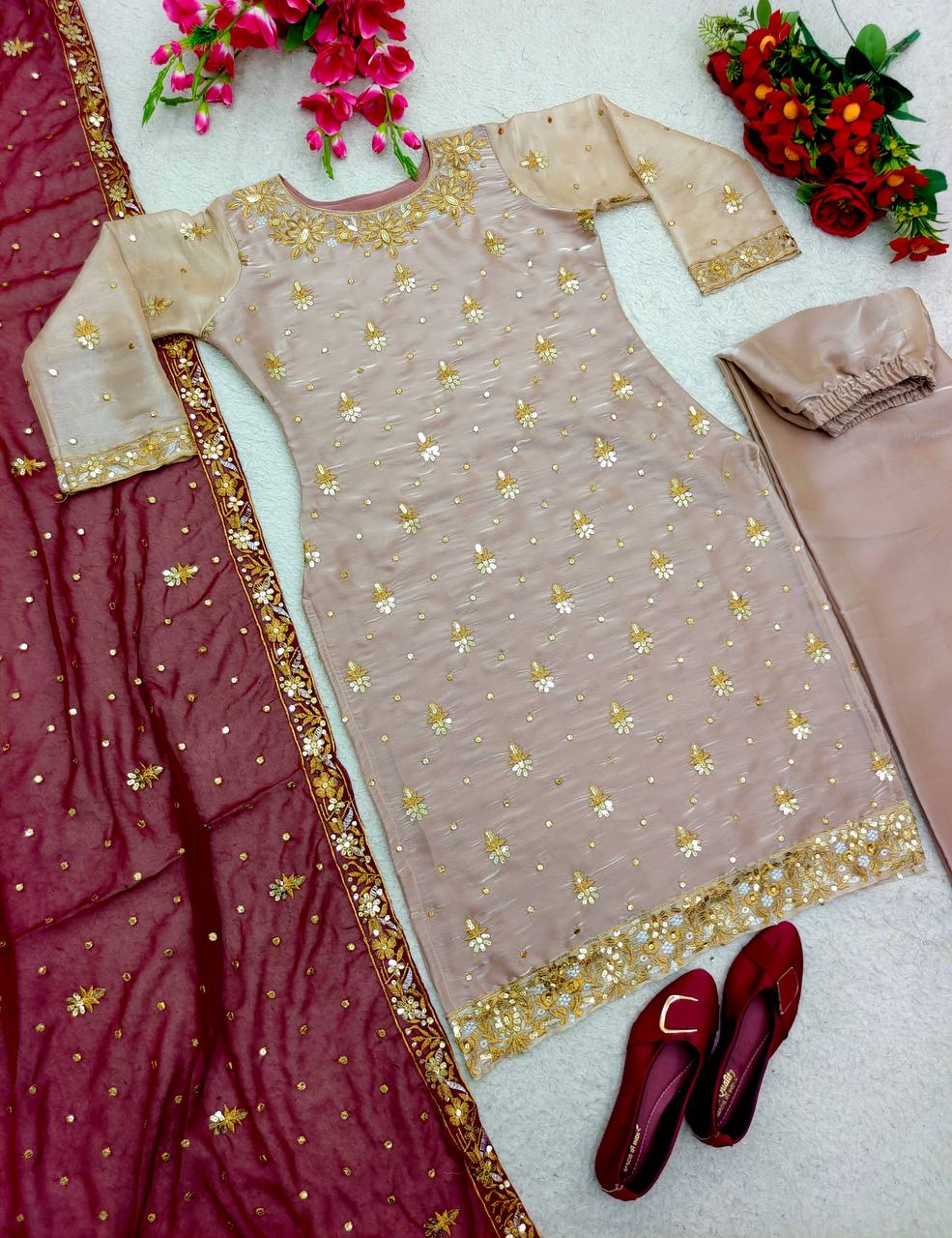 Wonderful Beige Color Salwar Suit With Maroon Dupatta