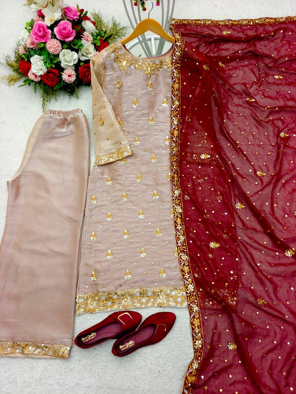 Wonderful Beige Color Salwar Suit With Maroon Dupatta