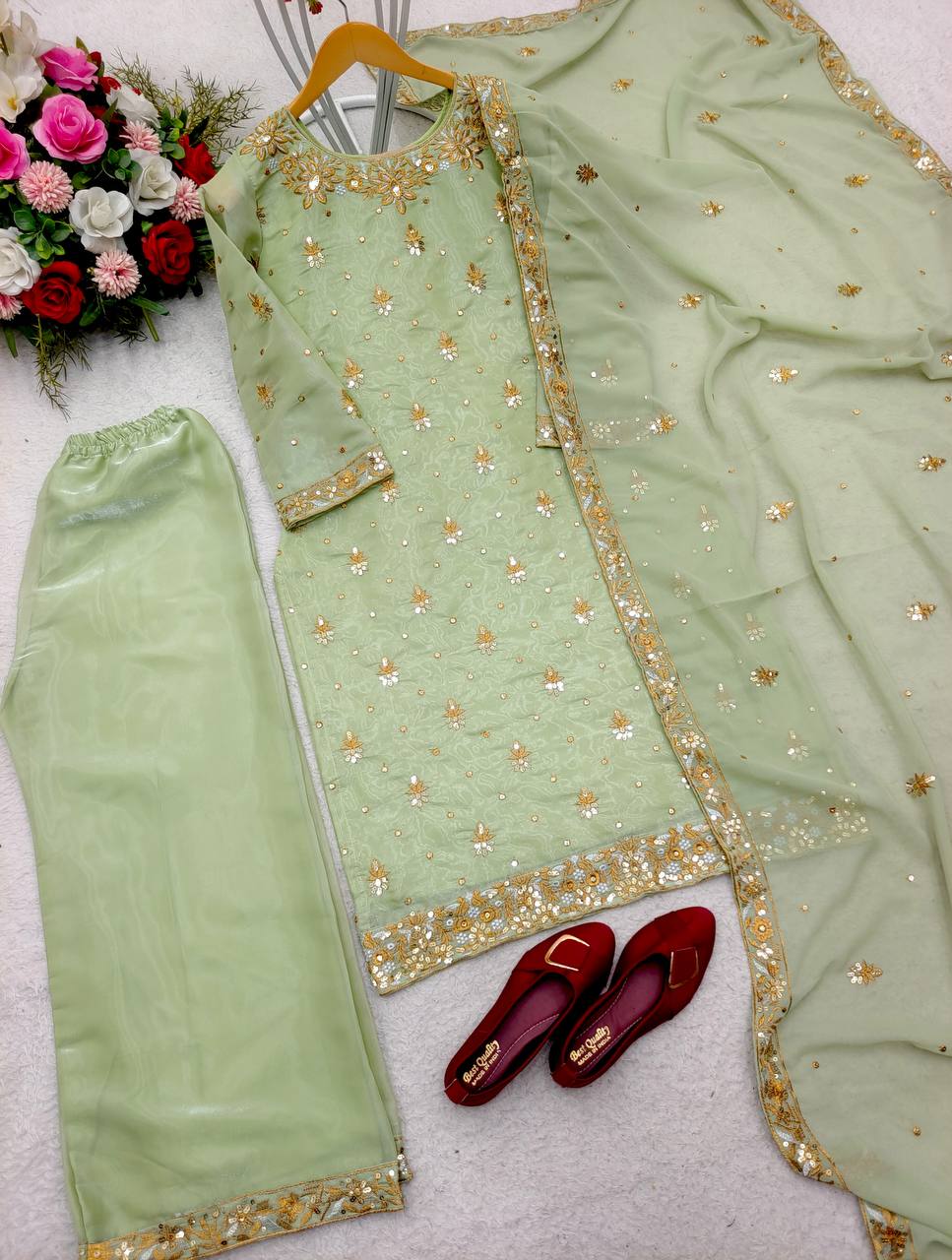 Wonderful Embroidery Work Pista Color Salwar Suit