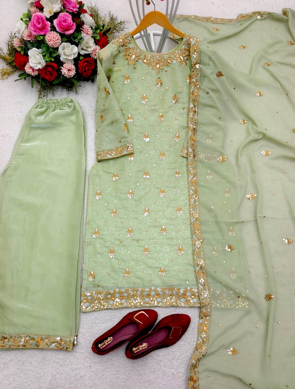 Wonderful Embroidery Work Pista Color Salwar Suit