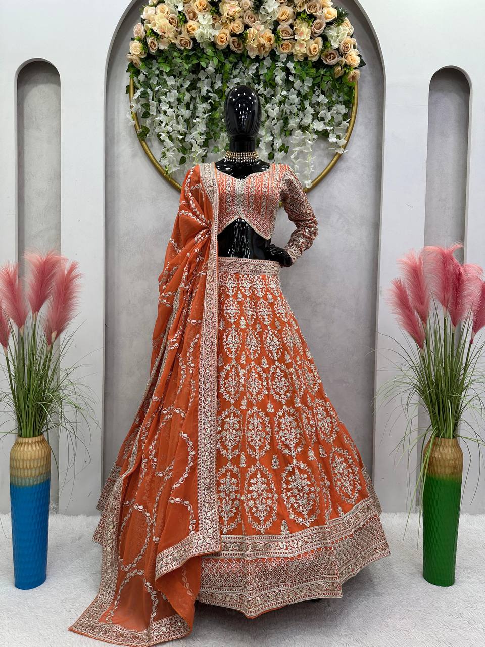 Bridal Wear Full Heavy Work Orange Color Lehenga Choli