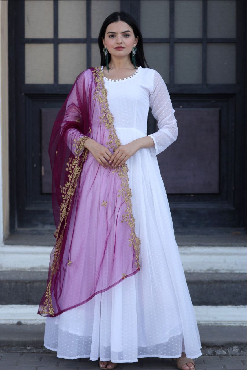 Opulent White Gown With Wine Color Cutwork Dupatta