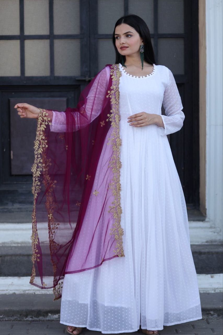 Opulent White Gown With Wine Color Cutwork Dupatta