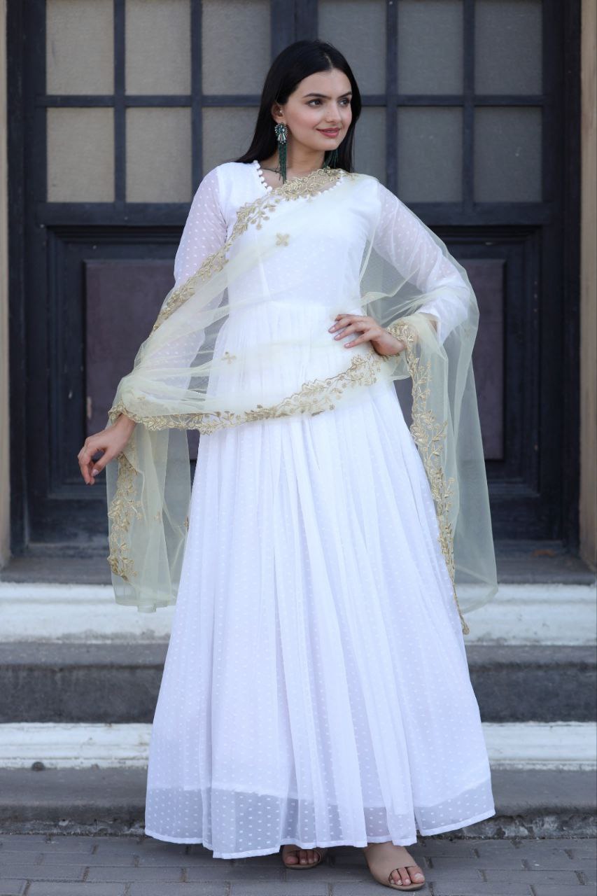 Opulent White Gown With Yellow Color Cutwork Dupatta