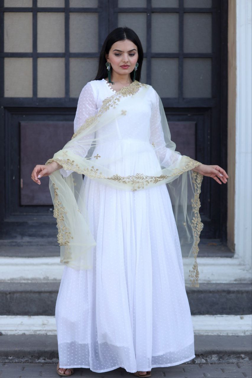 Opulent White Gown With Yellow Color Cutwork Dupatta