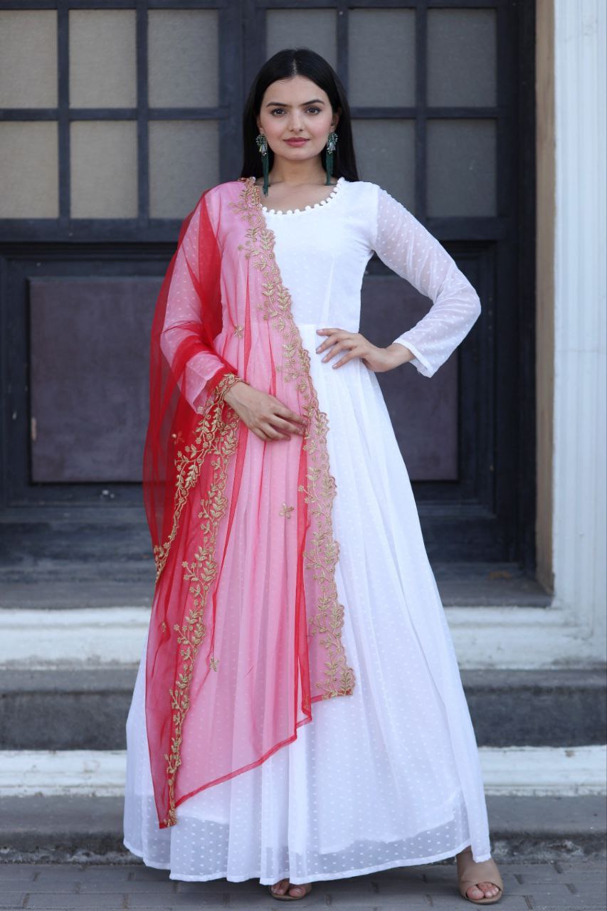 Opulent White Gown With Red Color Cutwork Dupatta