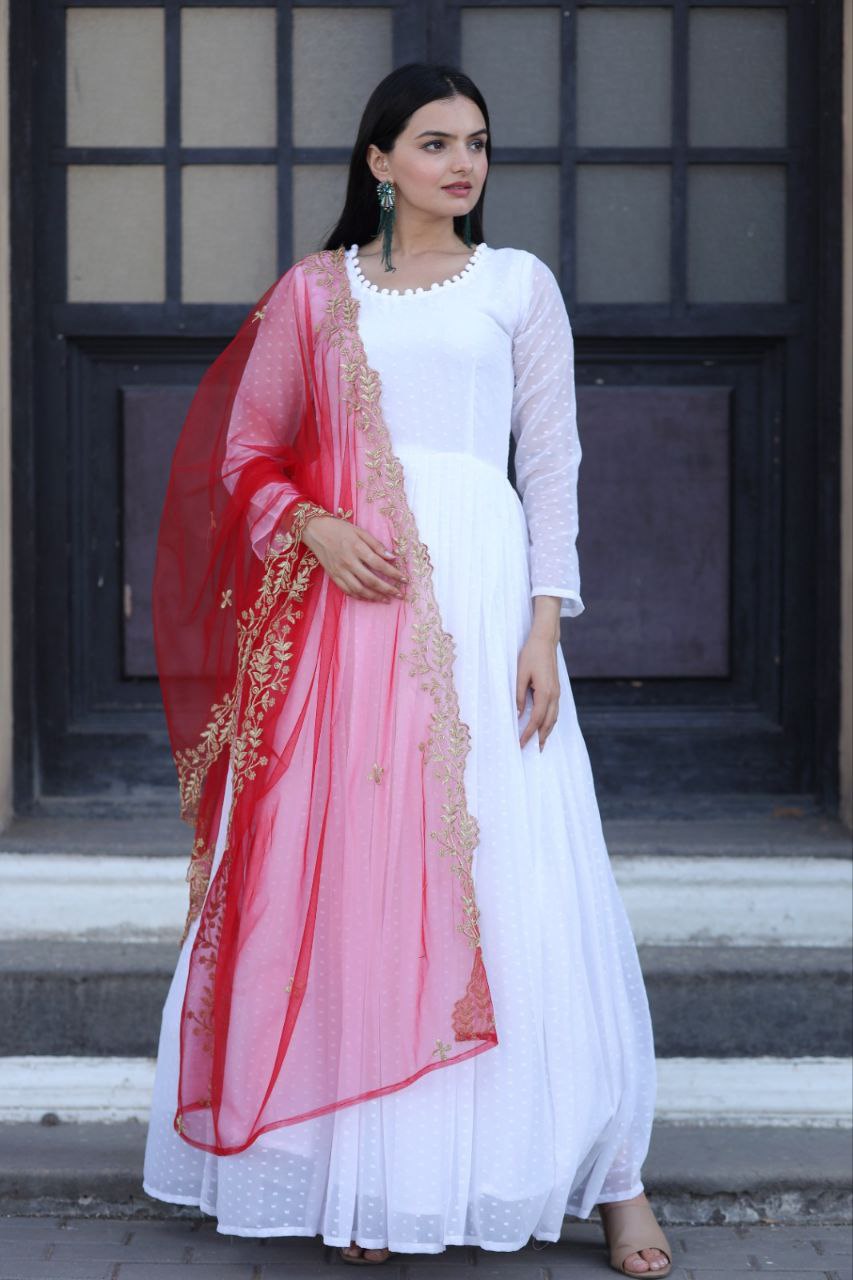 Opulent White Gown With Red Color Cutwork Dupatta