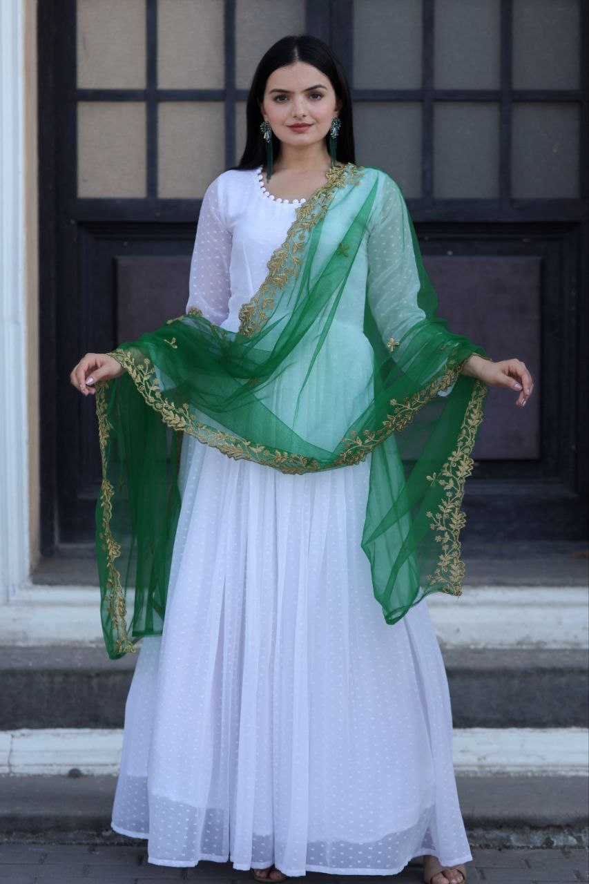 Opulent White Gown With Green Color Cutwork Dupatta