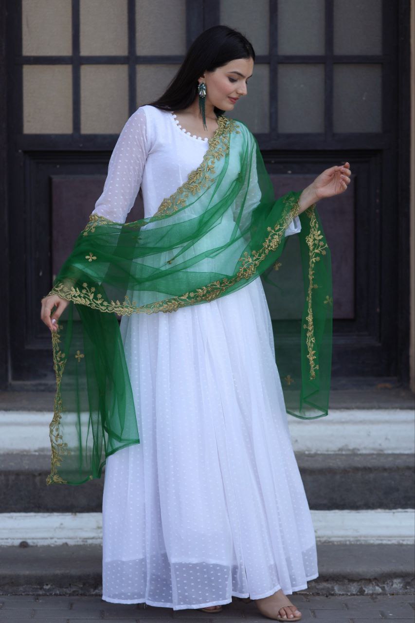 Opulent White Gown With Green Color Cutwork Dupatta