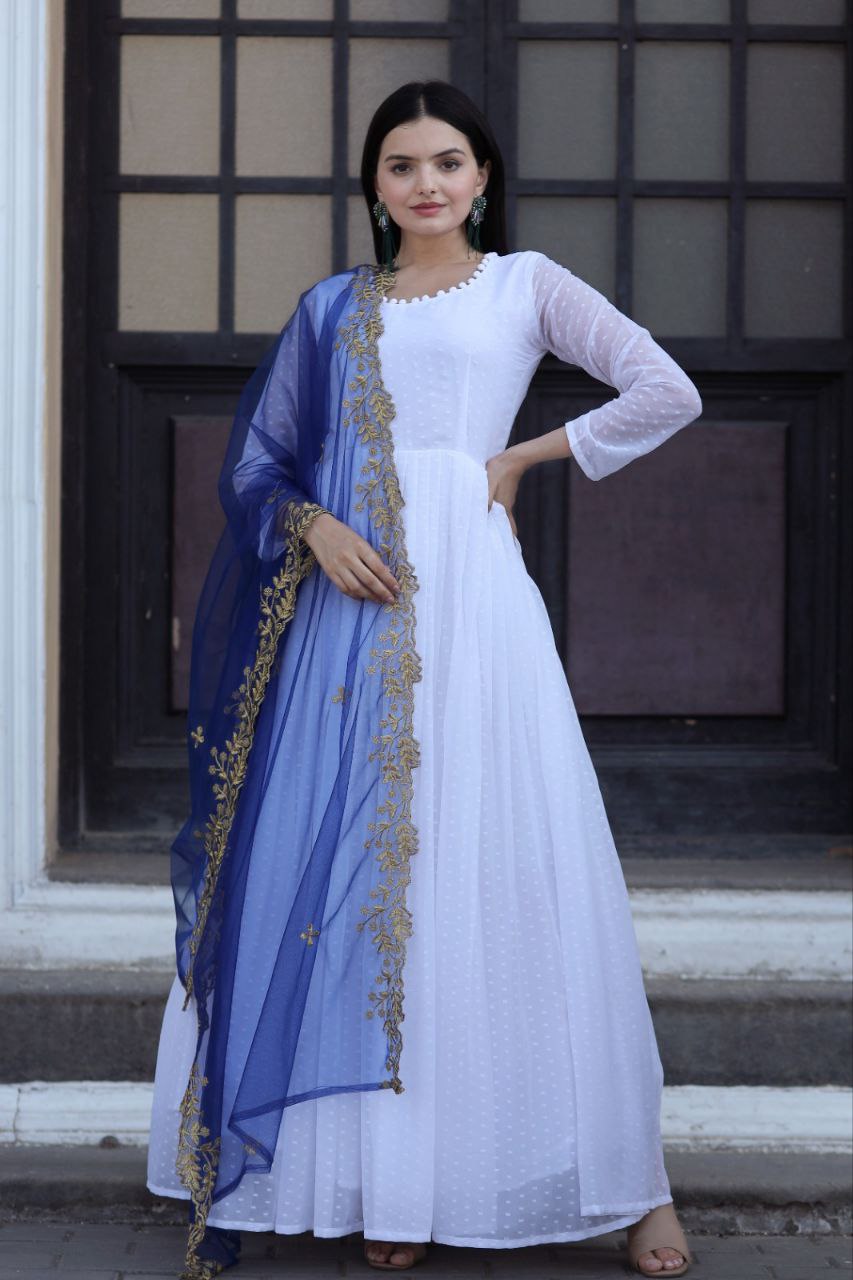 Opulent White Gown With Blue Color Cutwork Dupatta