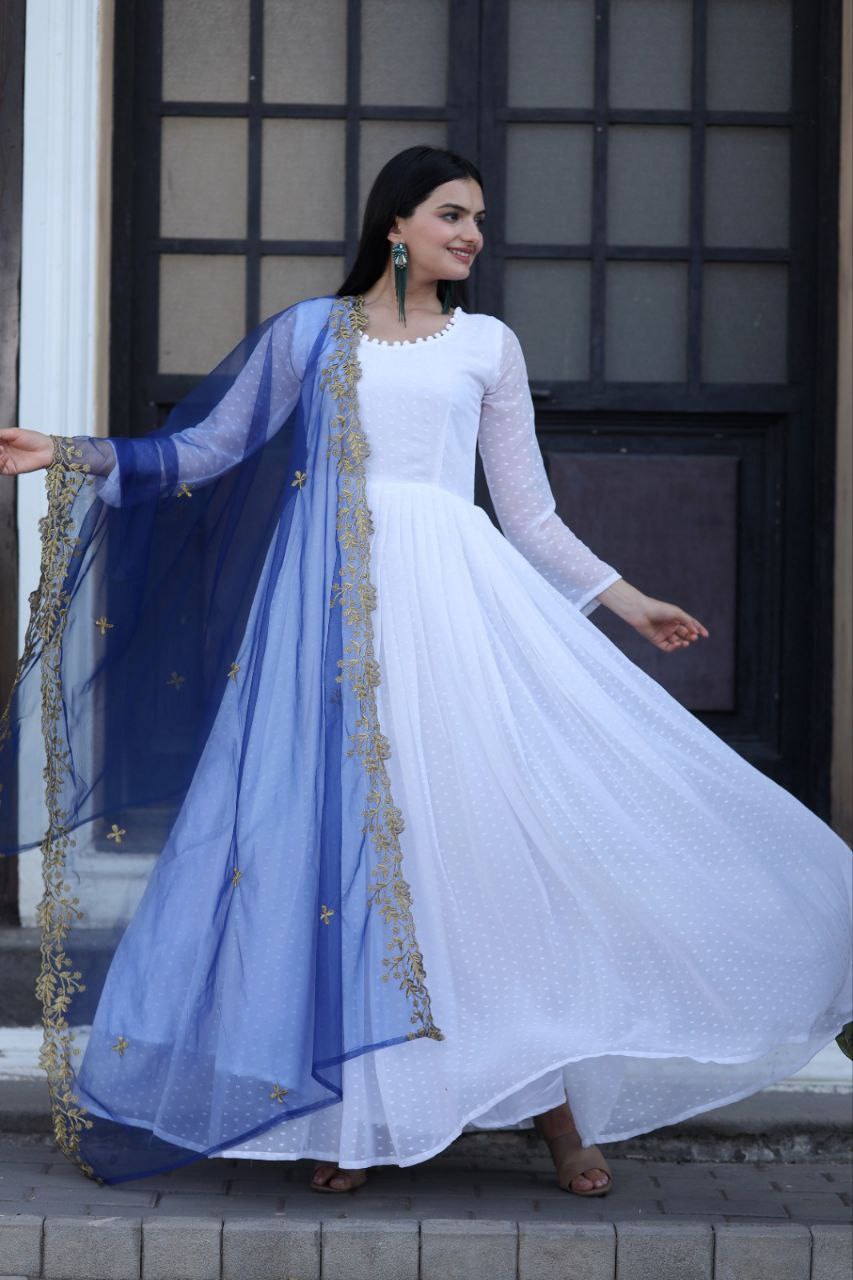 Opulent White Gown With Blue Color Cutwork Dupatta