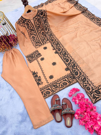 Fantastic Peach Color Embroidery Work Salwar Suit