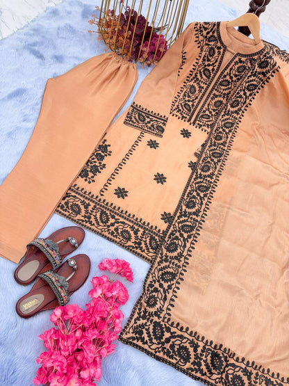 Fantastic Peach Color Embroidery Work Salwar Suit