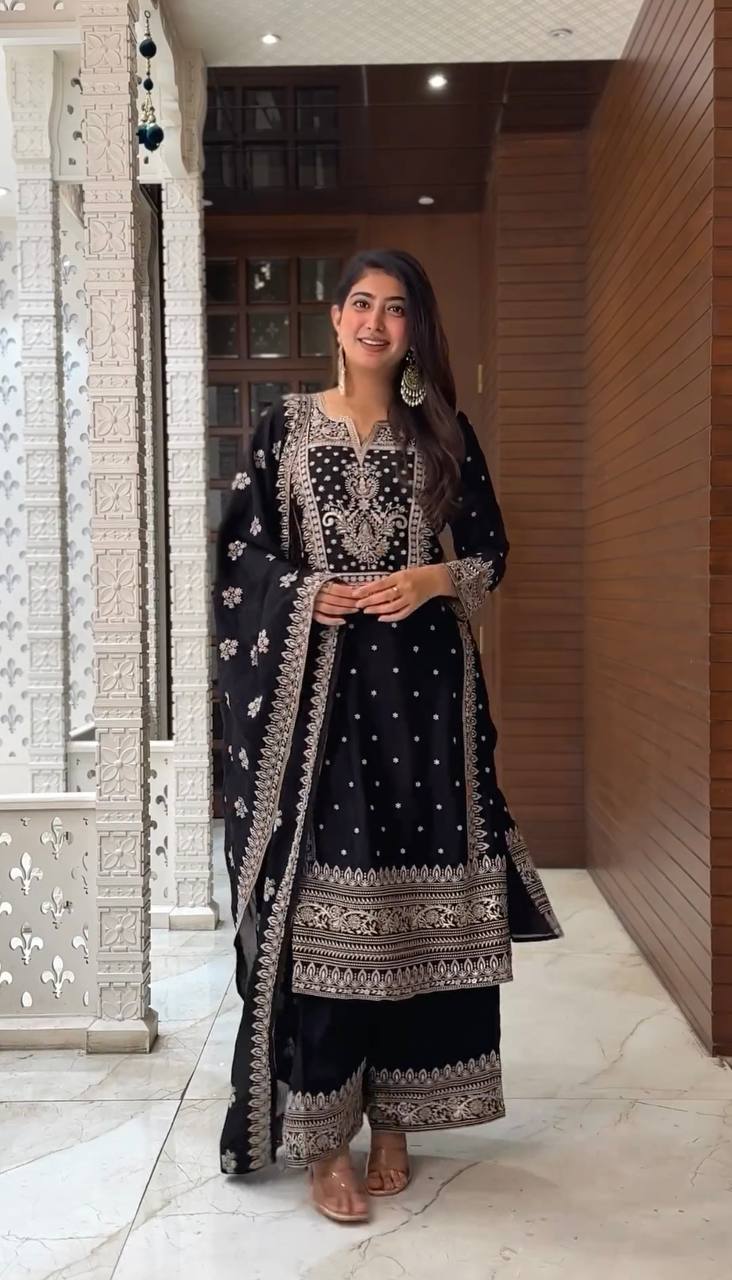 Black Color Embroidery Sequence Work Palazzo Suit