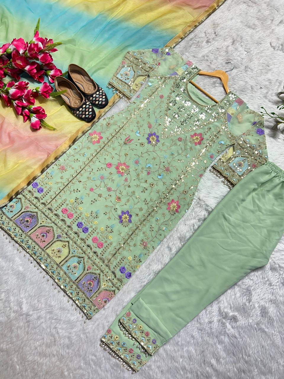 Pista Green Color Heavy Work Salwar Suit With Multi Dupatta