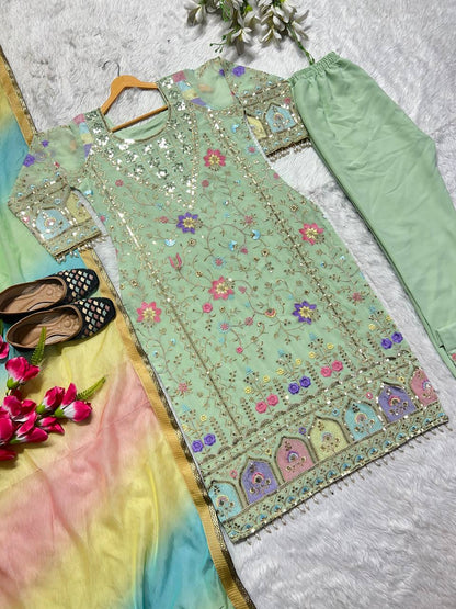 Pista Green Color Heavy Work Salwar Suit With Multi Dupatta