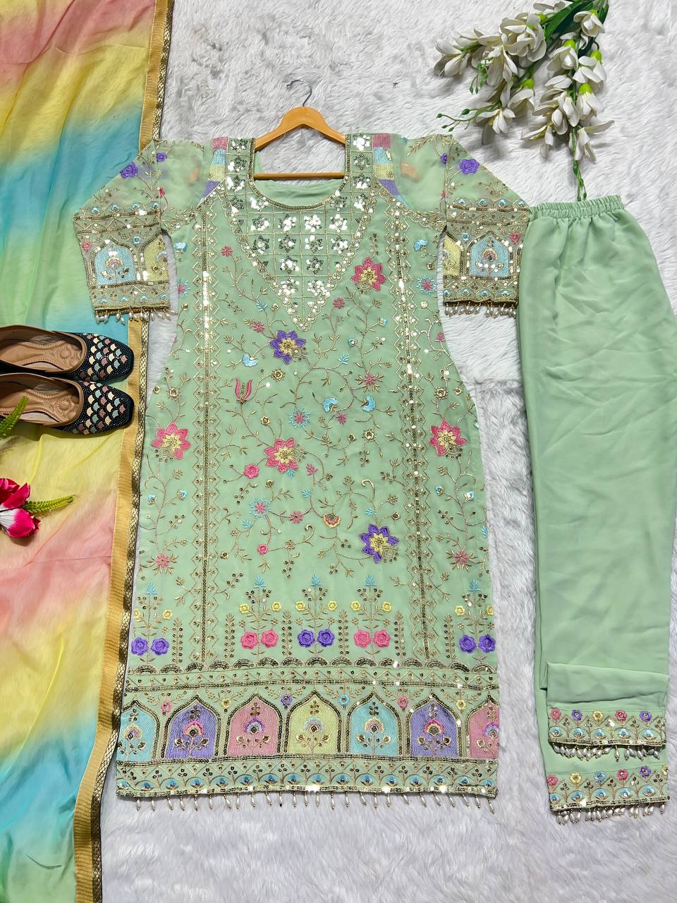 Pista Green Color Heavy Work Salwar Suit With Multi Dupatta