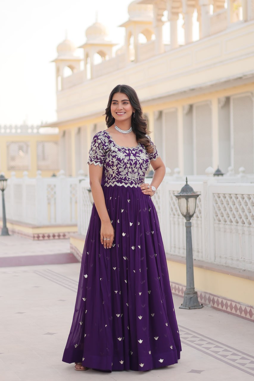 Fancy Coding Sequins Embroidered Work Purple Long Gown