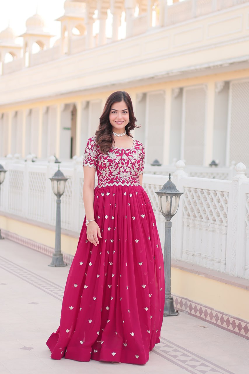 Fancy Coding Sequins Embroidered Work Pink Long Gown