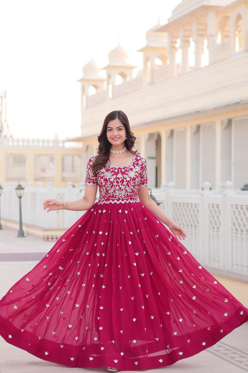 Fancy Coding Sequins Embroidered Work Pink Long Gown