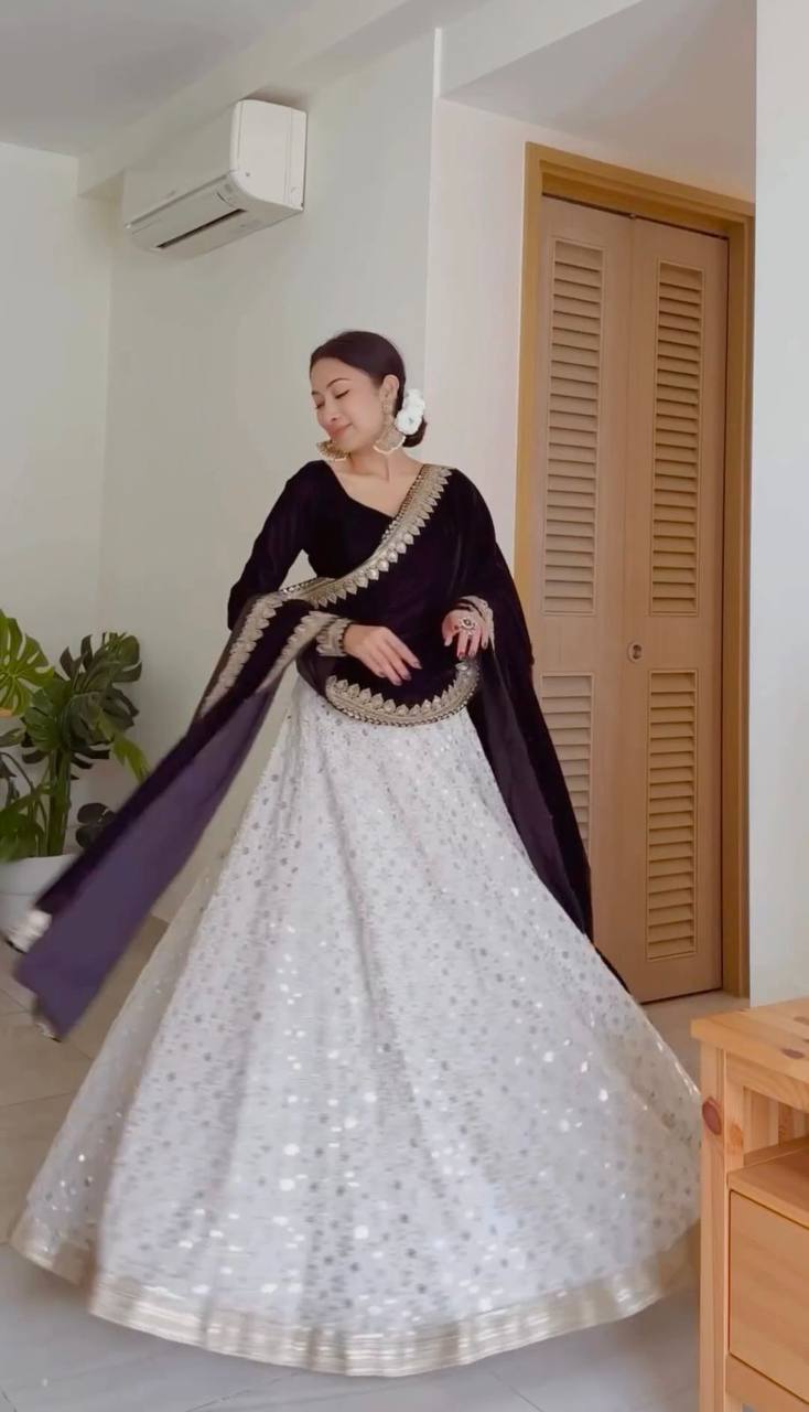 White Color Lehenga With Black Velvet Blouse and Dupatta