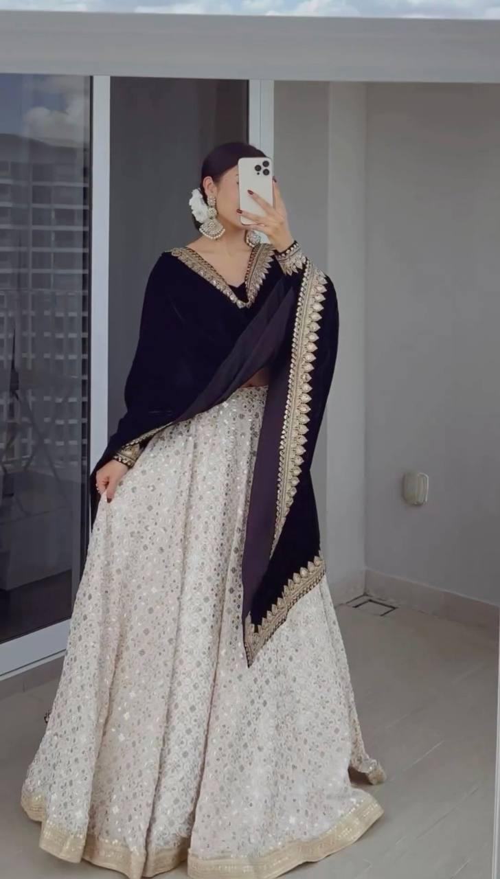 White Color Lehenga With Black Velvet Blouse and Dupatta