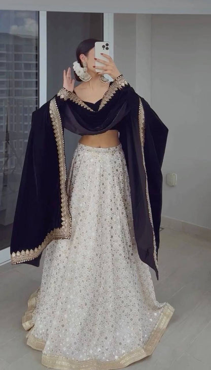 White Color Lehenga With Black Velvet Blouse and Dupatta