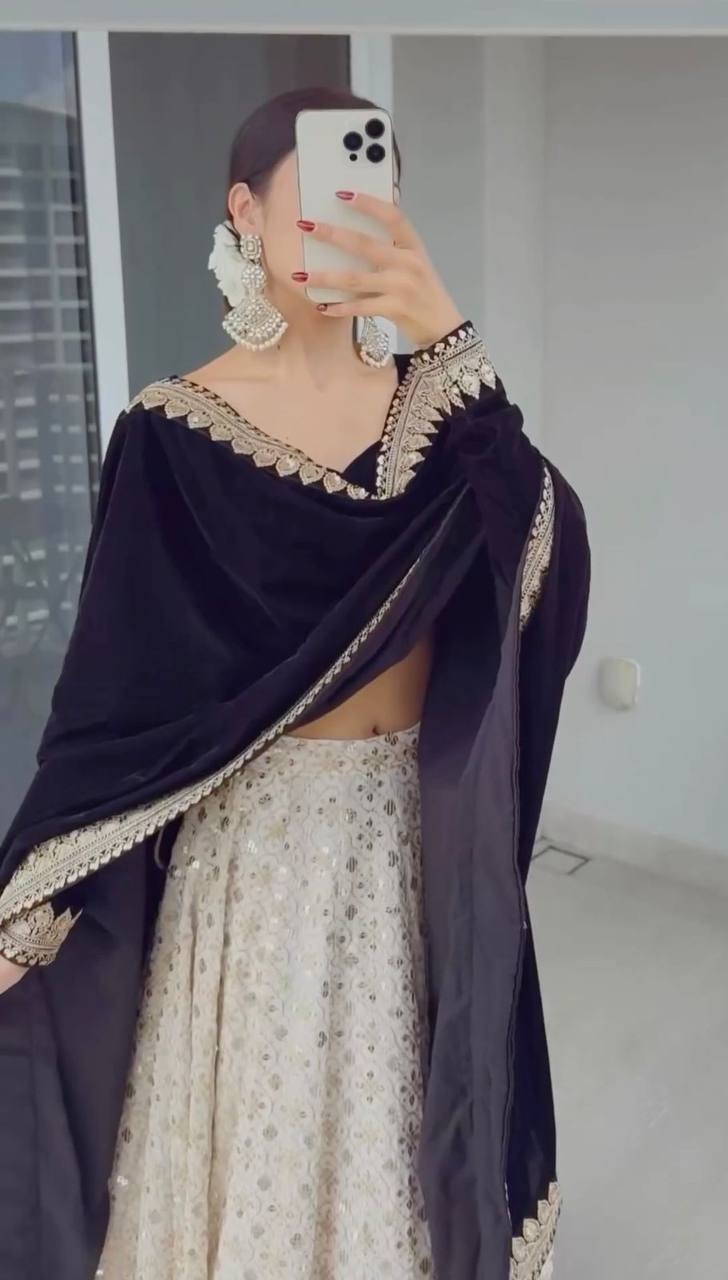 White Color Lehenga With Black Velvet Blouse and Dupatta