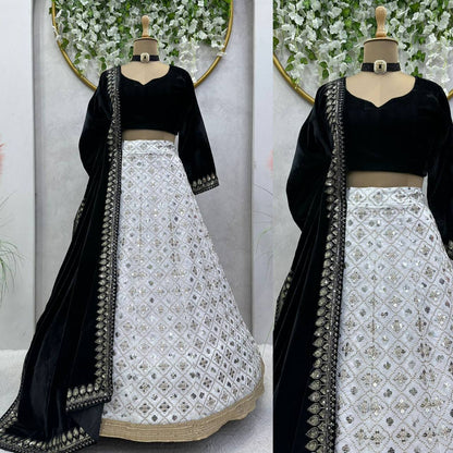 White Color Lehenga With Black Velvet Blouse and Dupatta