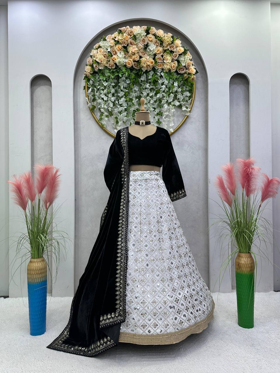 White Color Lehenga With Black Velvet Blouse and Dupatta