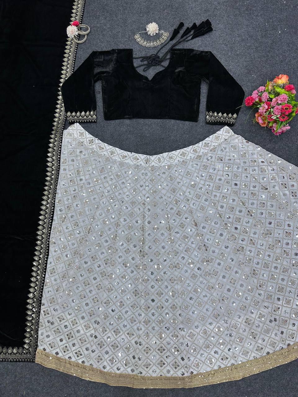 White Color Lehenga With Black Velvet Blouse and Dupatta