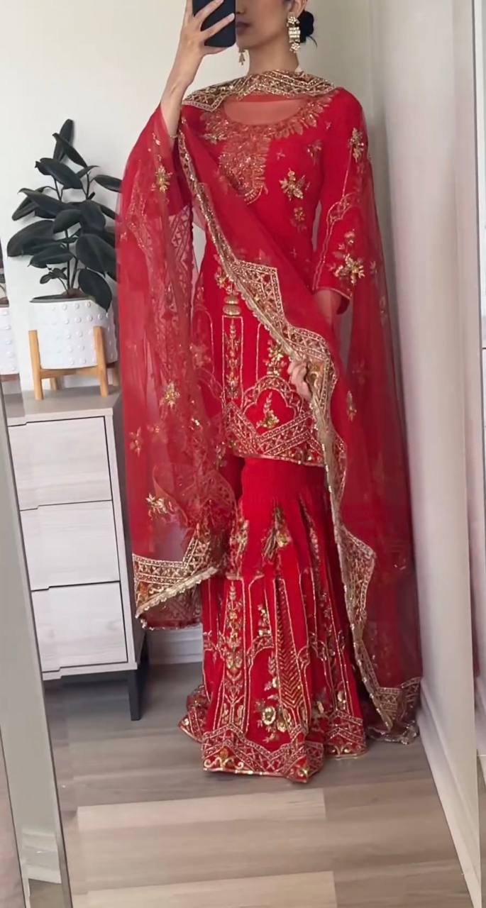 Festive Wear Red Color Heavy Full Work Sharara Suit