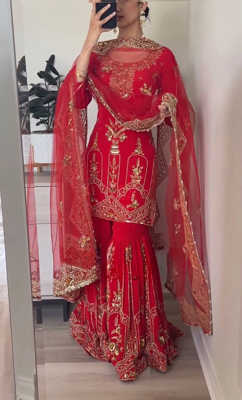 Festive Wear Red Color Heavy Full Work Sharara Suit