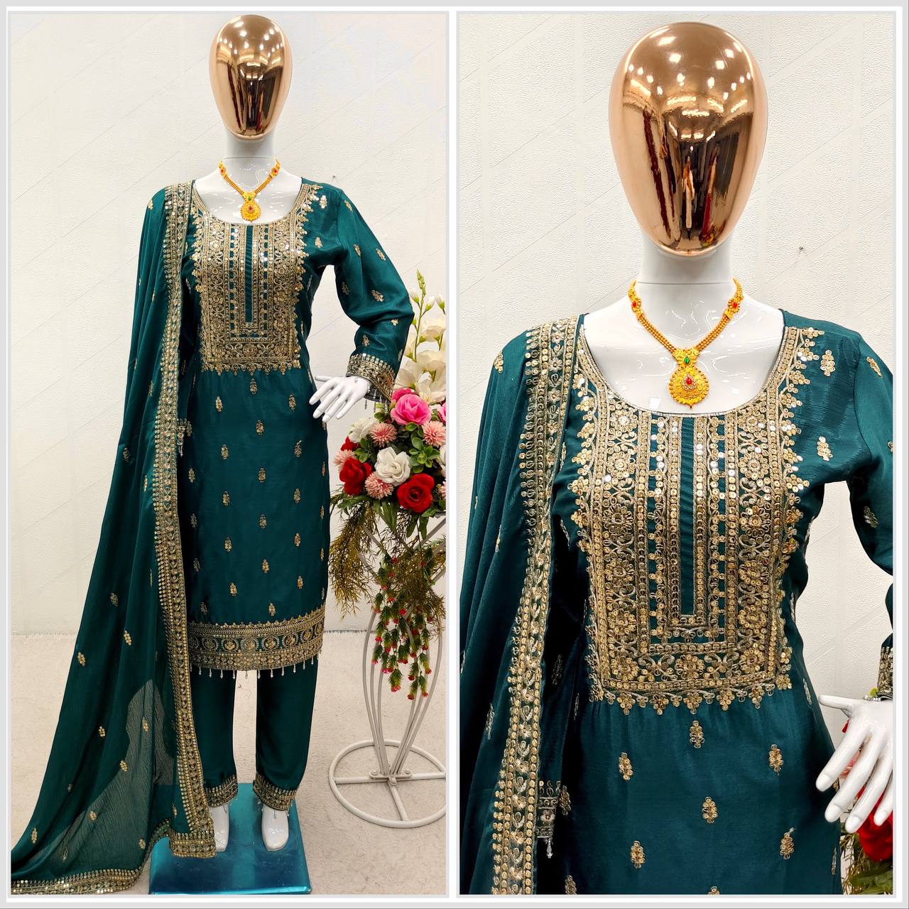 Fabulous Teal Green Color Embroidery Work Salwar Suit