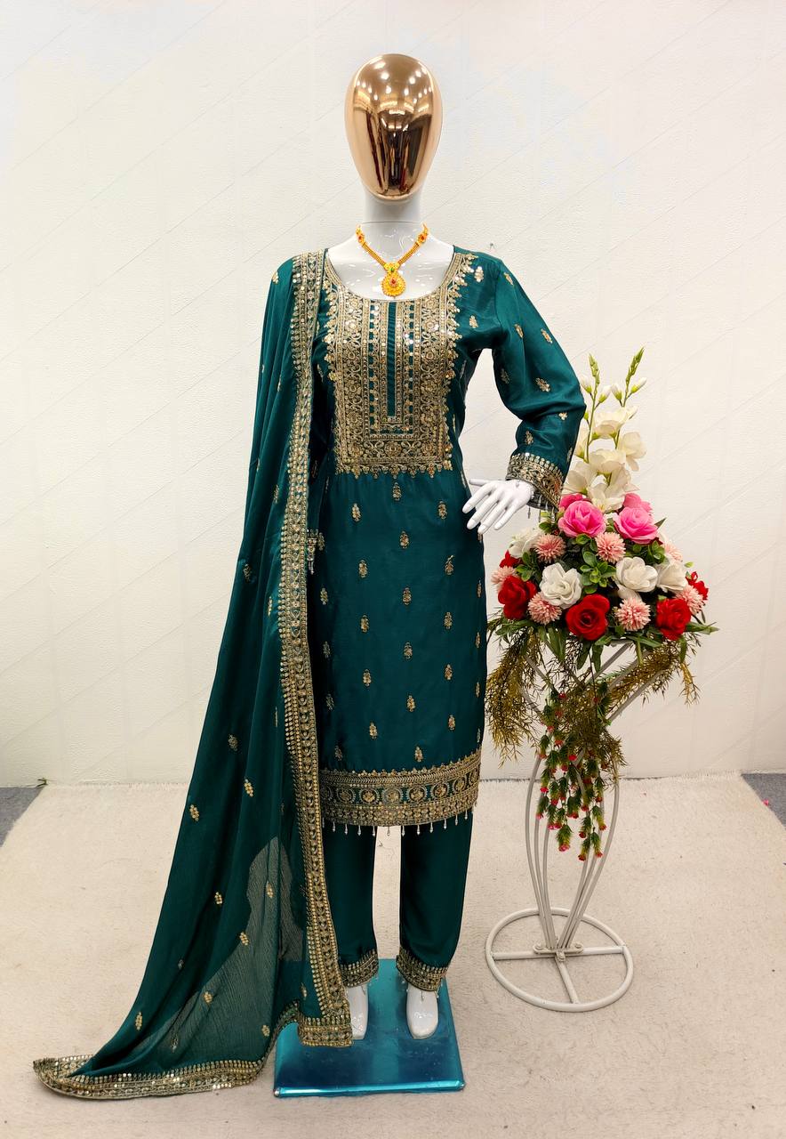 Fabulous Teal Green Color Embroidery Work Salwar Suit