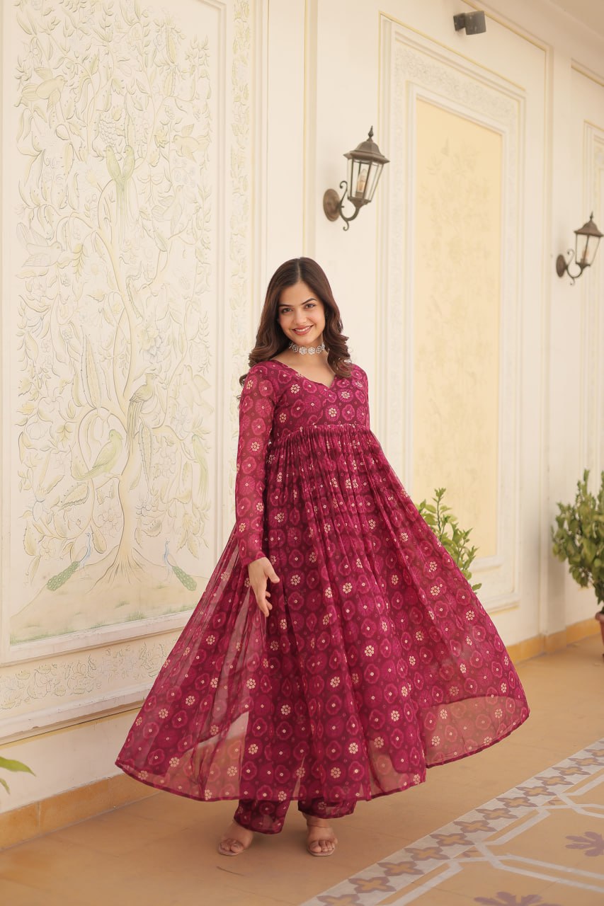 Stylish Foil Print Pink Color Gown With Palazzo