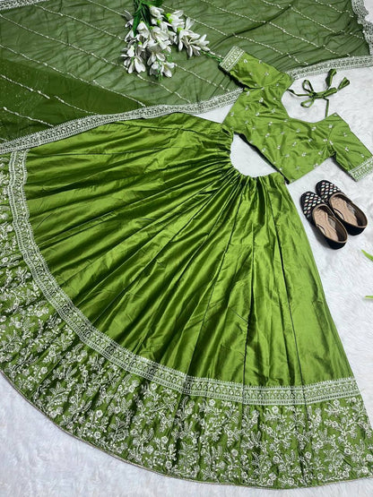 Stunning Parrot Green Embroidery Work Lehenga Choli