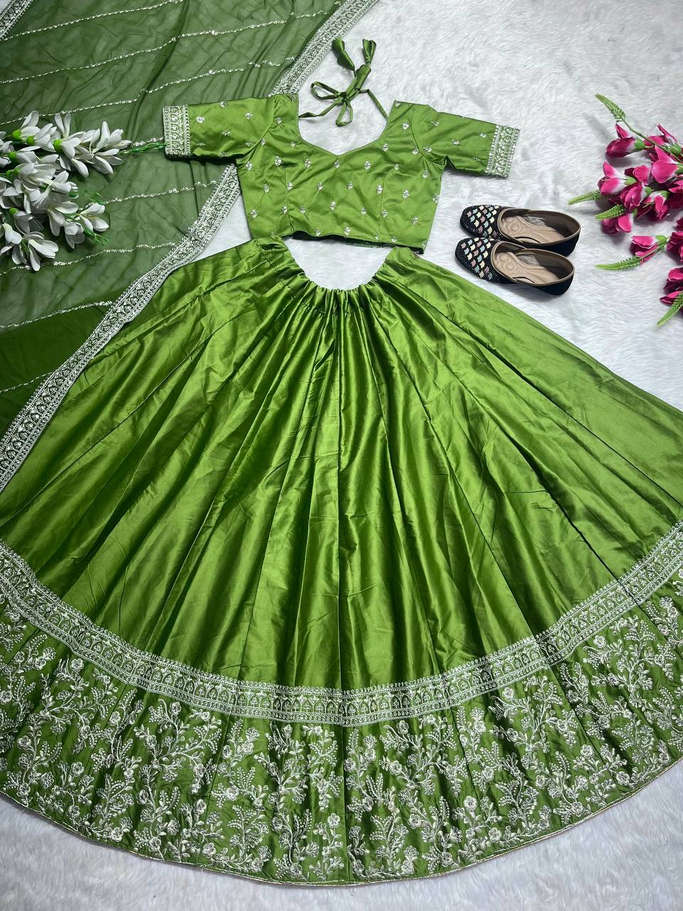 Stunning Parrot Green Embroidery Work Lehenga Choli