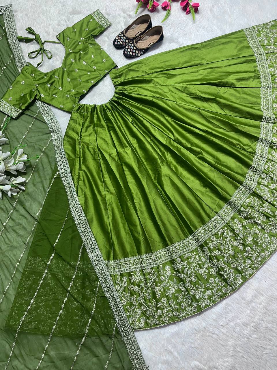 Stunning Parrot Green Embroidery Work Lehenga Choli