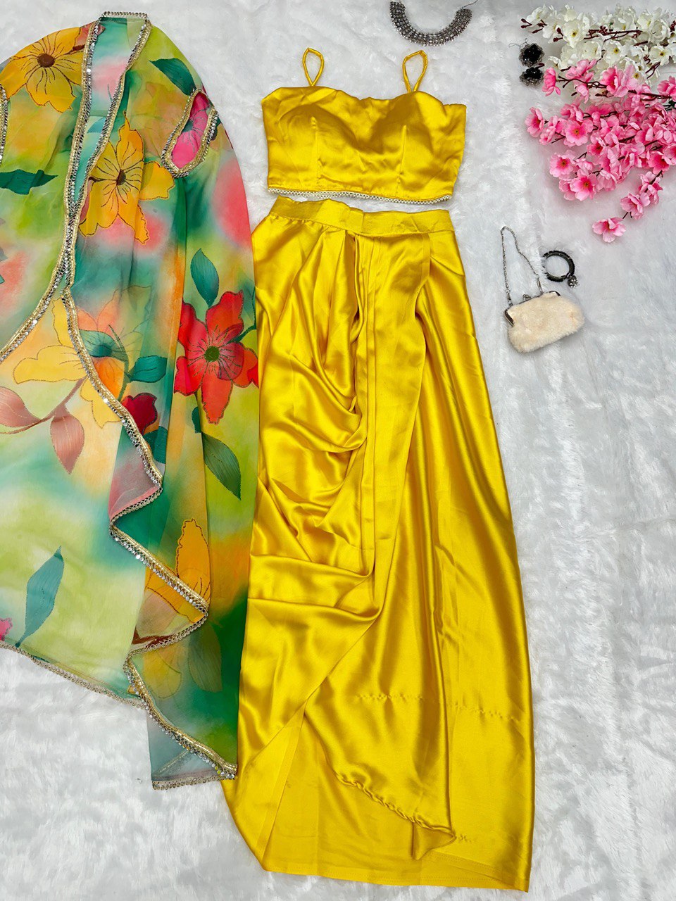 Fancy Yellow Color Dhoti Top With Multi Design Shrug