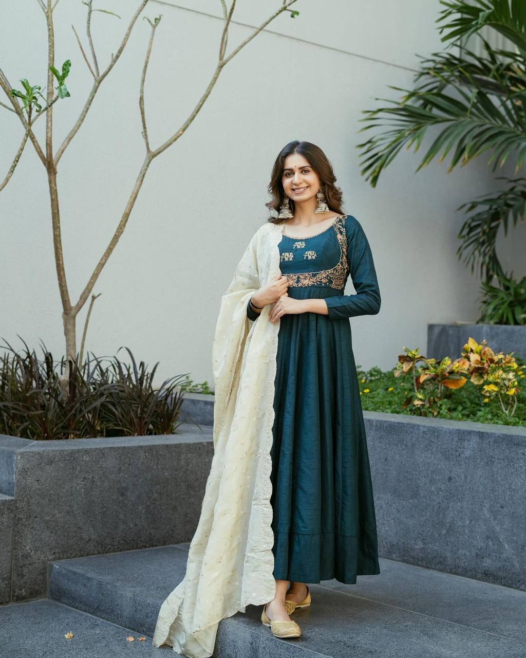 Teal Blue Thread Work Beautiful Gown With Dupatta