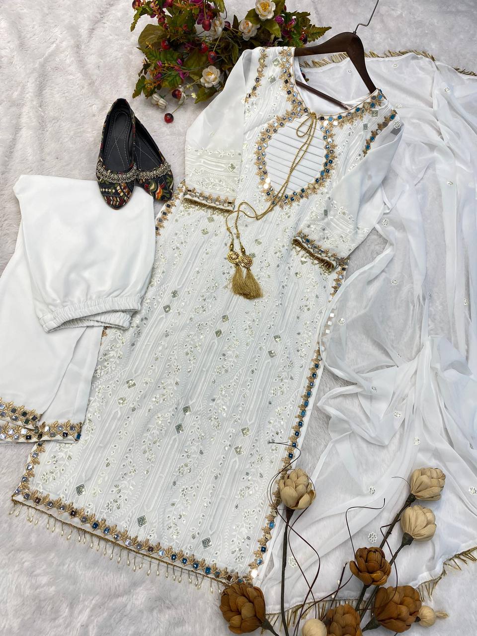 Glimmering White Color Embroidery With Mirror Work Salwar Suit