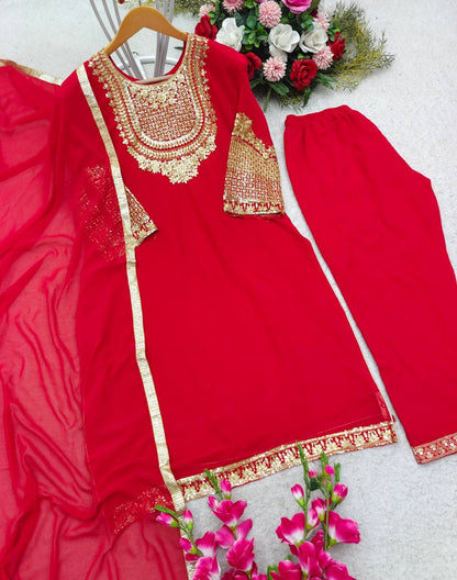 Occasion Wear Red Color Fancy Work Kurti Set