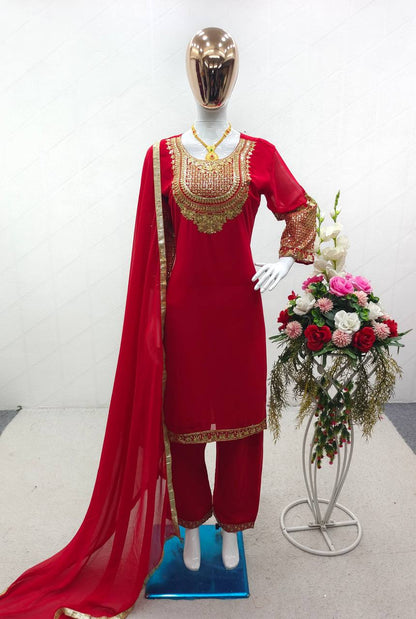 Occasion Wear Red Color Fancy Work Kurti Set