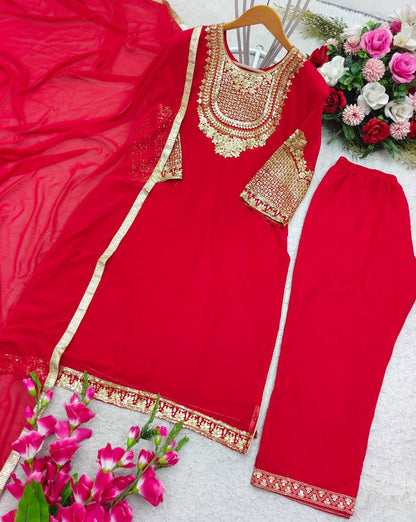 Occasion Wear Red Color Fancy Work Kurti Set