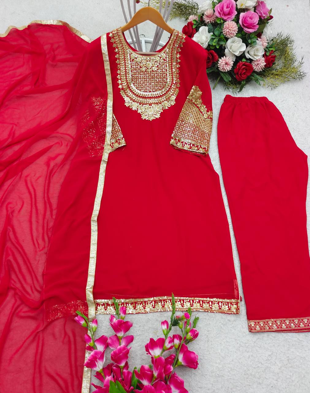 Occasion Wear Red Color Fancy Work Kurti Set