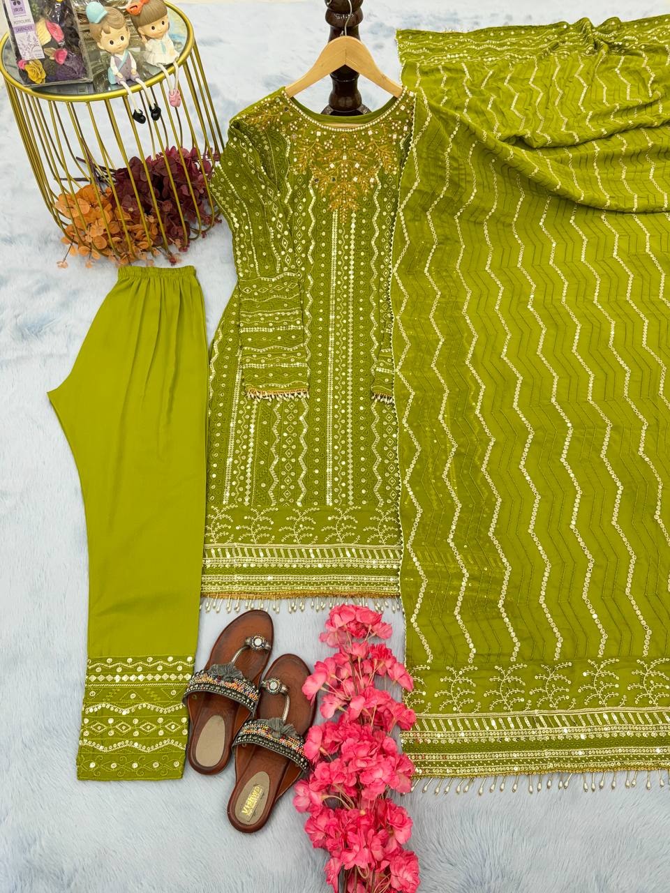 Sequence Work Georgette Parrot Green Color Kurti Set