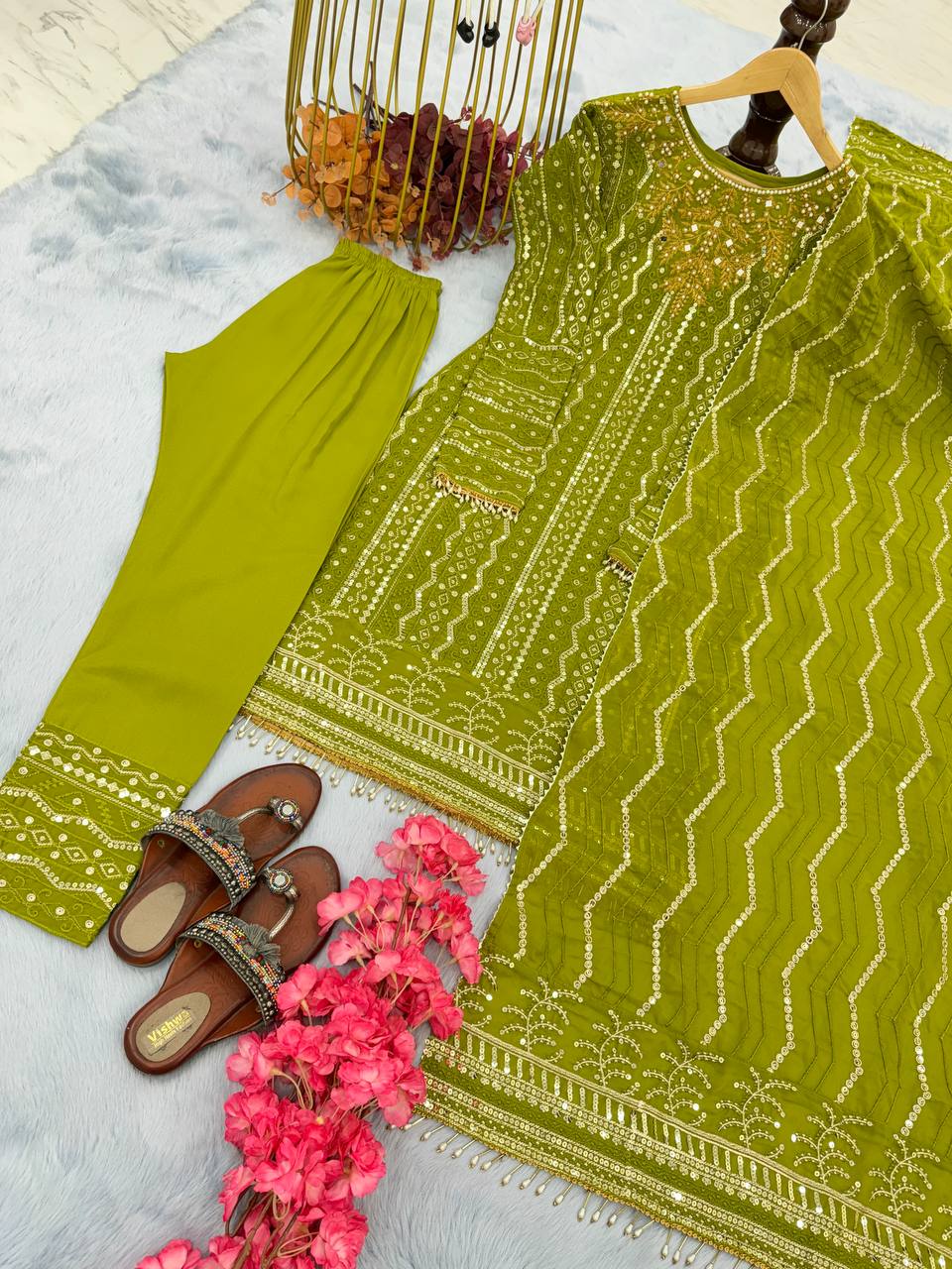 Sequence Work Georgette Parrot Green Color Kurti Set